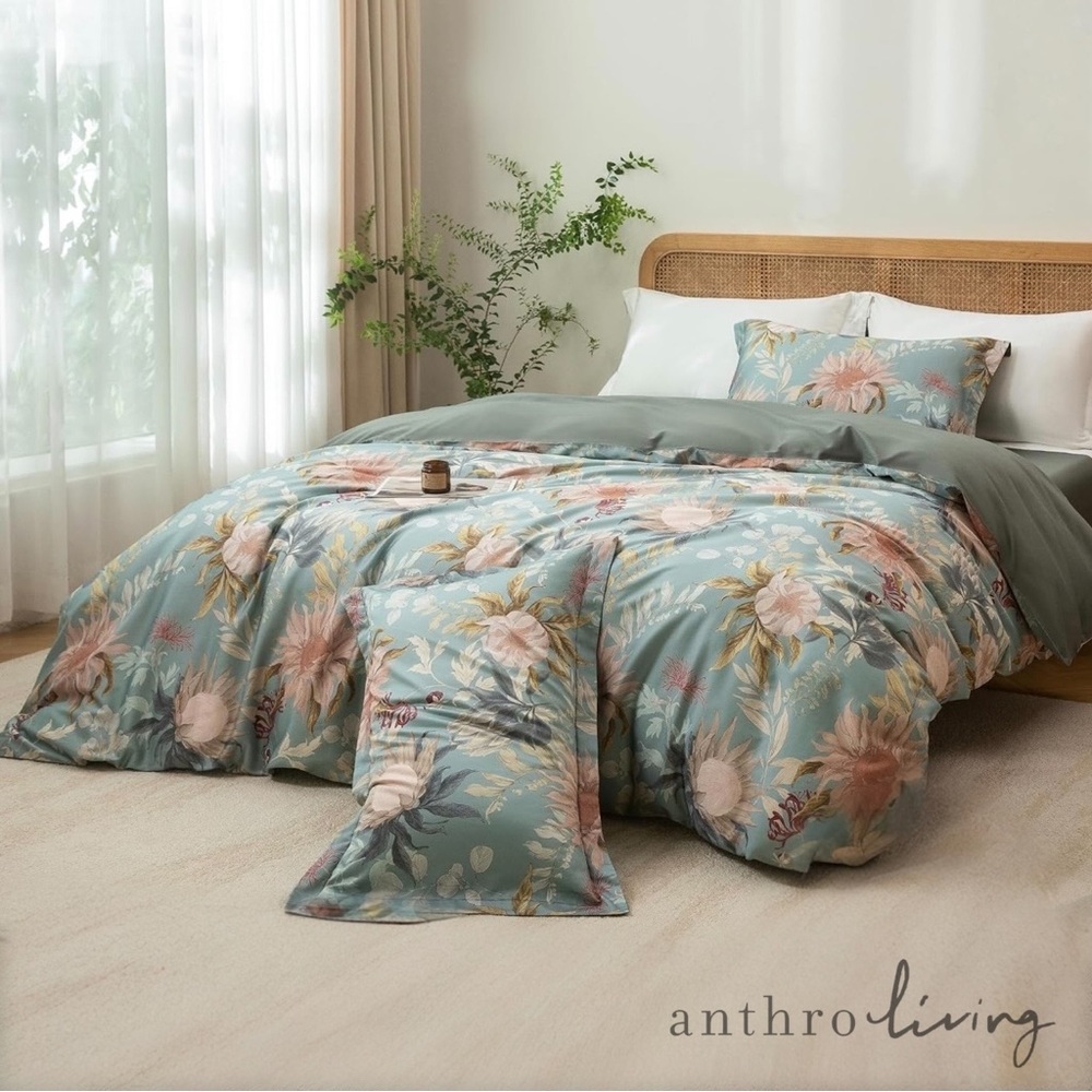 NEW Anthro Blue Floral Multicolor Full Queen King Cotton Bedding Duvet Sham Set - Picture 3 of 12